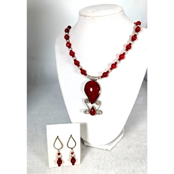 Indonesian coral+ crystalsnecklace+earrings Sterling SP beads Statement NWT